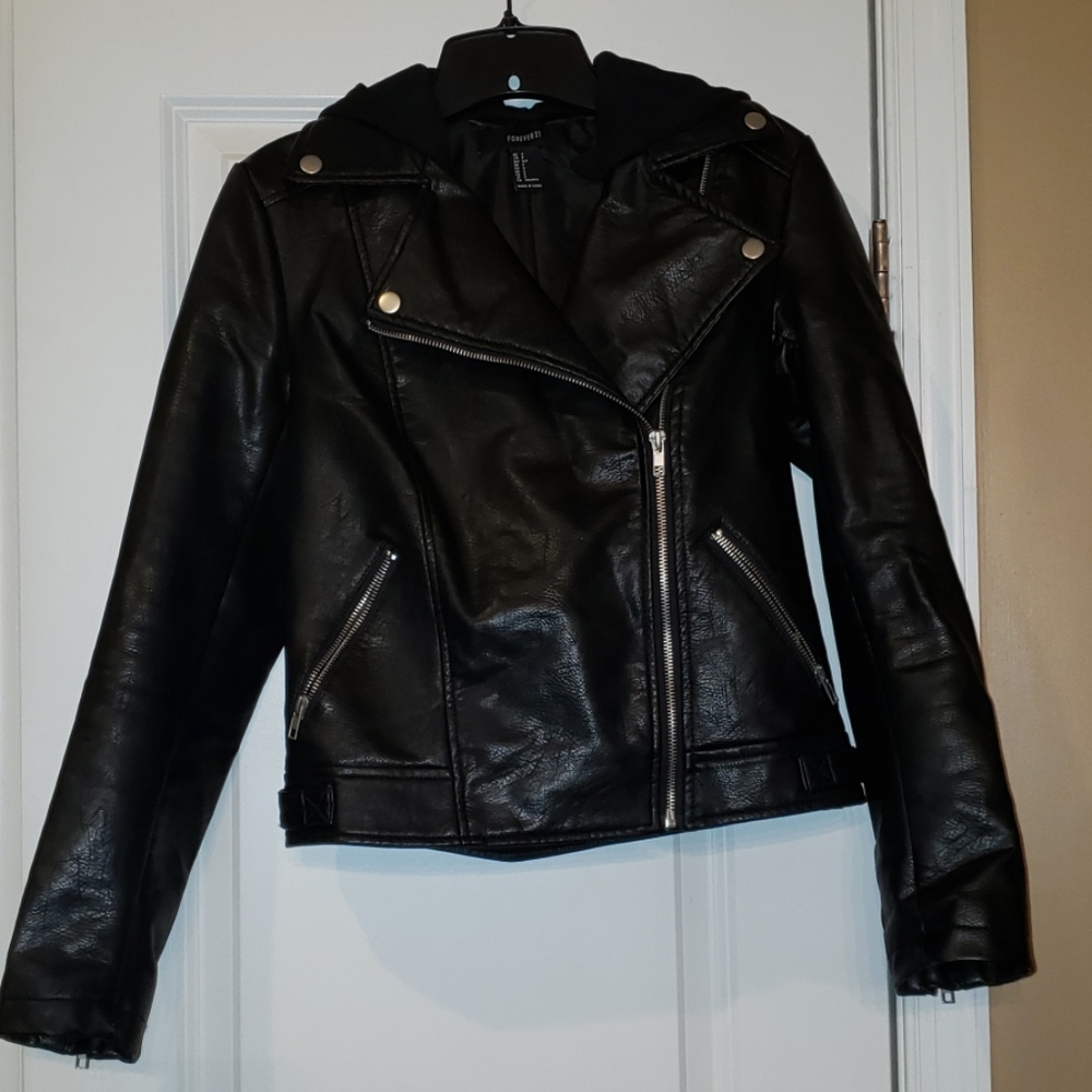 Faux Leather Moto Jacket with hood - Picture 1 of 8